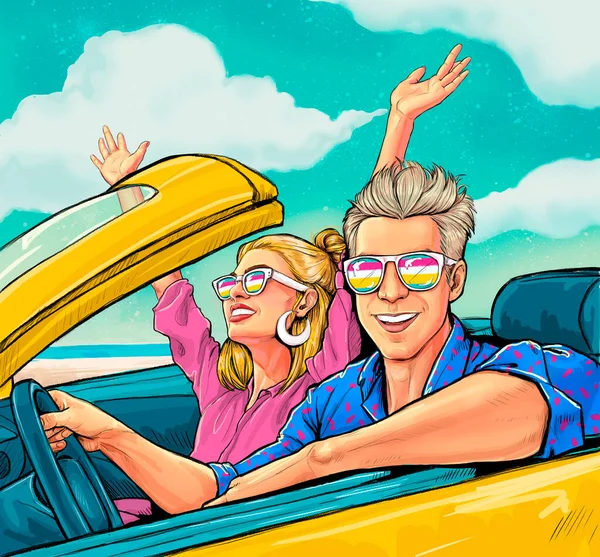 笑容可亲的夫妻坐出租车兜风 公路旅行暑假快乐的年轻夫妇开车去度假 抱着胳膊的女人快乐 开车的男人开心 — 图库照片#