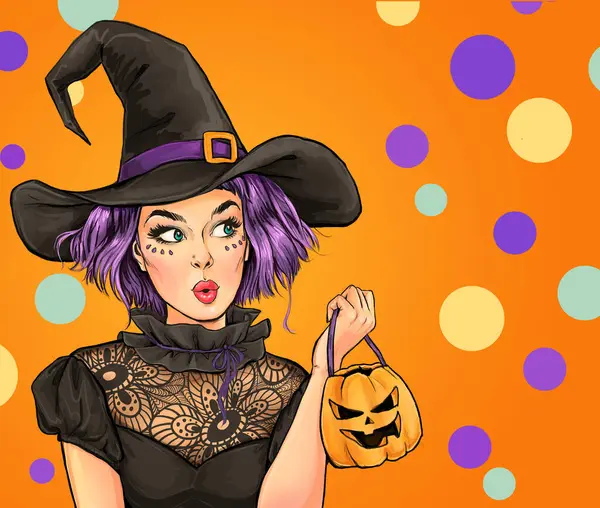 Surprised Woman Wears Halloween Makeup Dressed Black Outfit Looks Amazing — Stock Photo, Image