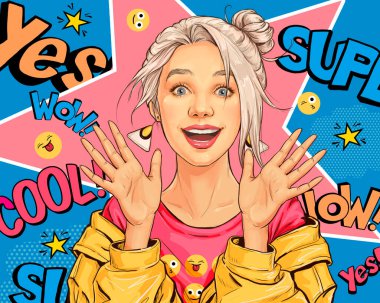 Pop sanat geçmişinde sürpriz bir kadın. Komik tarzda gülümseyen seksi bir genç kızla reklam afişi ya da parti davetiyesi. Etkileyici yüz ifadeleri.
