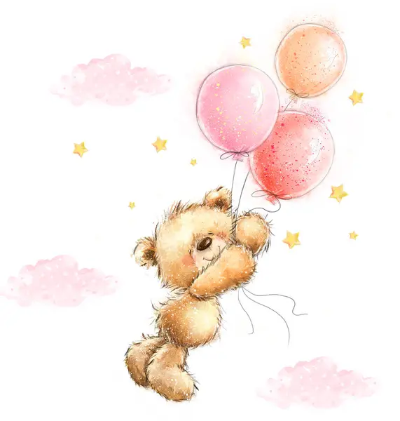 可爱的带有气球的卡通玩具熊 水彩画插图 可用于儿童海报或婴儿淋浴 具有白色孤立背景 — 图库照片#