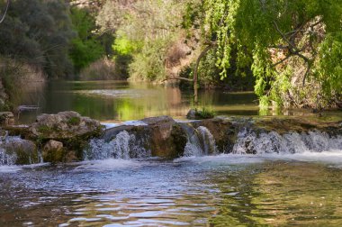 Küçük bir şelalesi olan bir dağ nehri.