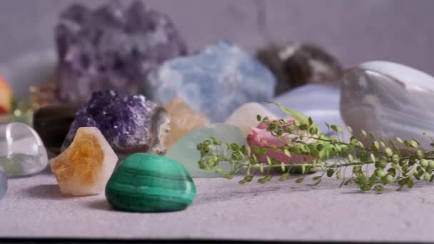 Várias Pedras Preciosas Semi Preciosas Uma Mesa Madeira Câmera Lenta — Vídeo de Stock
