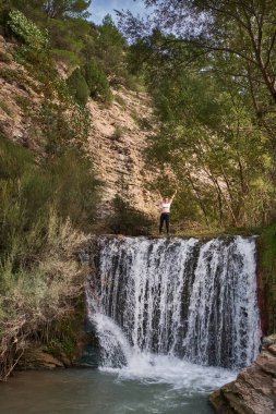 Sonbahar ormanında küçük bir şelale ve bir dağ nehri.