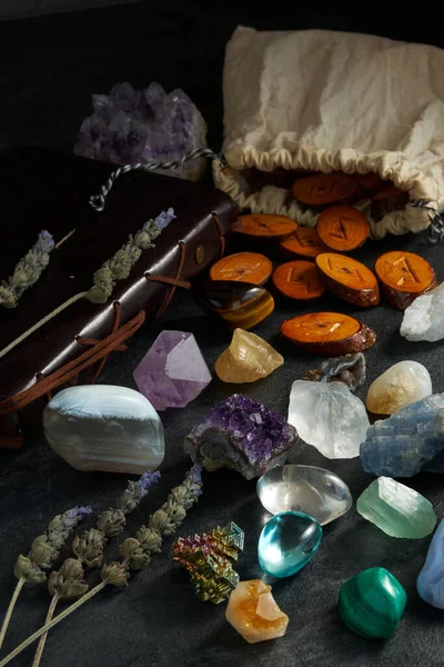 Various Gem Stones Runes Dark Background — Stock Photo, Image