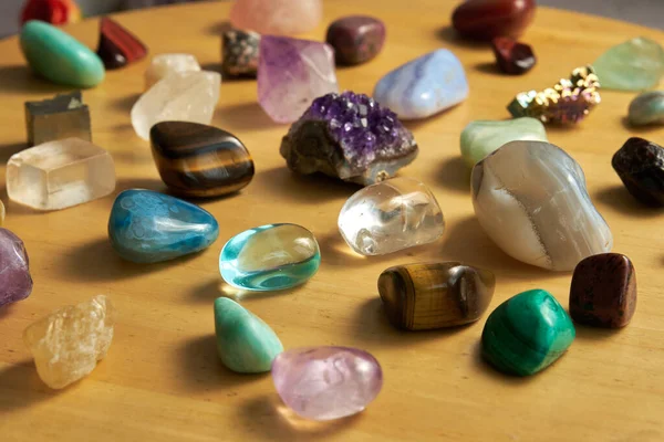 Various Gem Stones Wooden Background — Stock Photo, Image