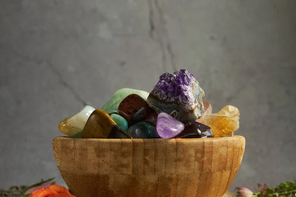 Various Gem Stones Wooden Bowl Gray Background — Stock Photo, Image