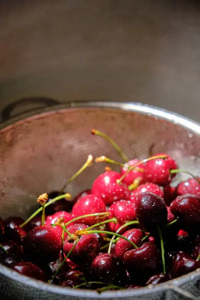 Close Ripe Red Cherries Drops Water — Stock Photo, Image