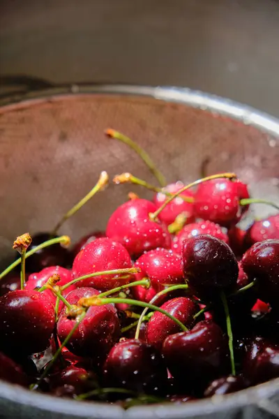Close Ripe Red Cherries Drops Water — Stock Photo, Image
