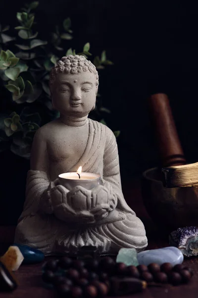 Stone Statue Buddha Candle Gems Dark Background — Stock Photo, Image