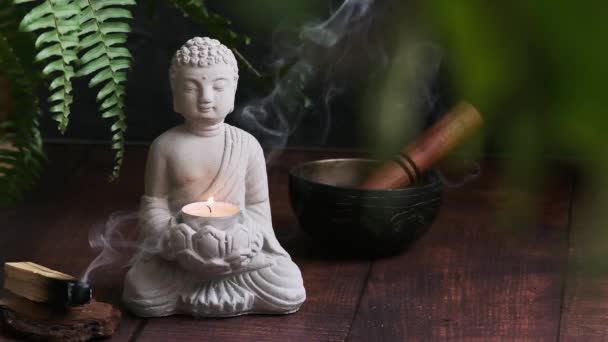 たばこサントの隣の暗い背景にある仏像 — ストック動画