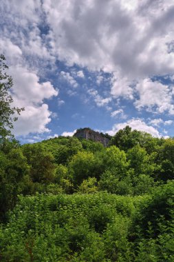 Gökyüzü ve beyaz bulutlu yeşil dağ sırası