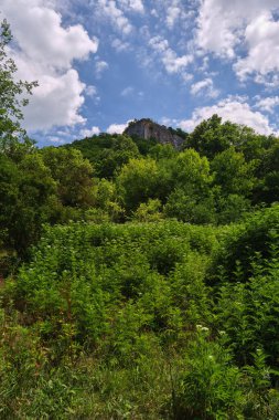 Gökyüzü ve beyaz bulutlu yeşil dağ sırası