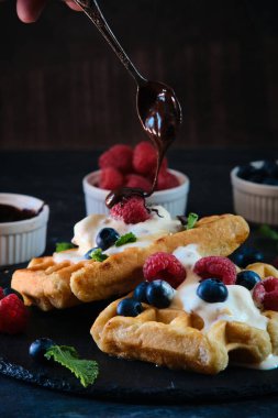 Bir tabakta Belçika waffle 'ı, çikolata, ahududu, yabanmersini ve dondurma.