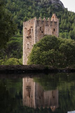 Ortaçağ şatosu, ormanın arka planında gölün suyunda yansıtılır.