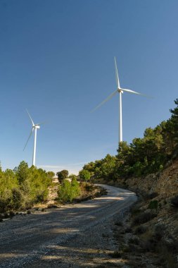 Mavi gökyüzüne karşı bir ormanın yeşiliyle çevrili bir rüzgar türbini.