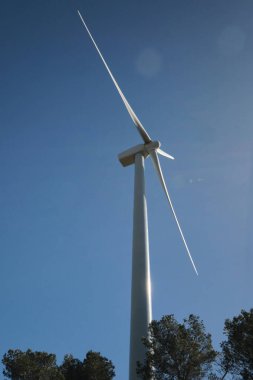 Mavi gökyüzüne karşı bir ormanın yeşiliyle çevrili bir rüzgar türbini.