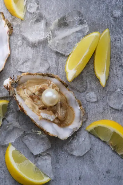 Gri bir arka planda buzun üzerinde içinde beyaz bir inci olan bir istiridye.