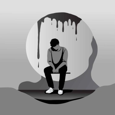 Erkek silueti. Depresyondaki bir adamın tasviri. Psikoloji illüstrasyonu. Ruh Sağlığı