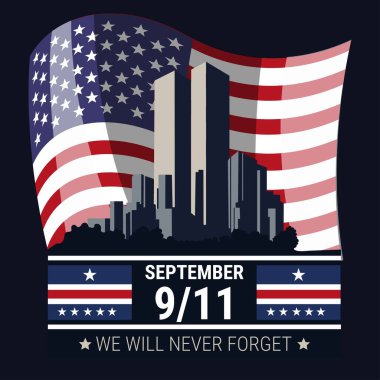 Vatansever Vatanseverlik Günü illüstrasyonu. 9: 11 'i asla unutmayacağız. Amerikan bayrağıyla vatansever illüstrasyon