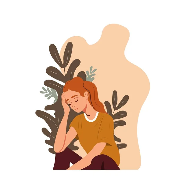 Üzgün Mutsuz Kız Depresyon Konsepti Düz Vektör Çizimi Bunalımlı Mutsuz — Stok Vektör