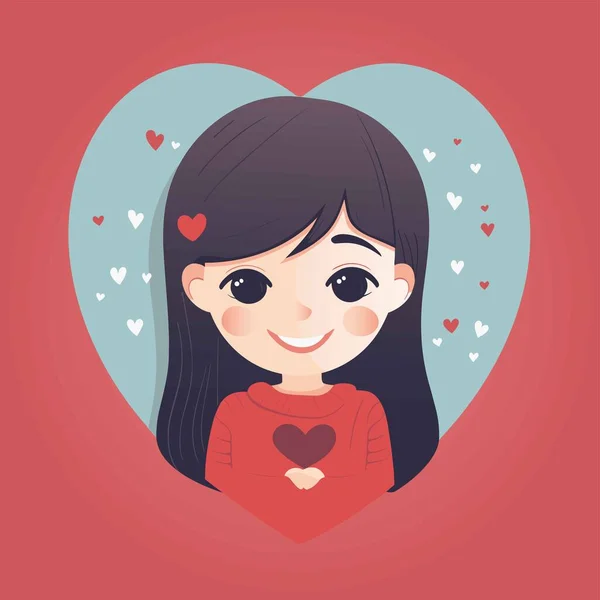 Vector Illustration Girl Portrait Heart Happy Valentines Illustration Flat Cartoon — Stock Vector