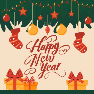 Şenlikli Noel arkaplanı. Çeşitli tatil unsurları ve harfleriyle Noel ağacı