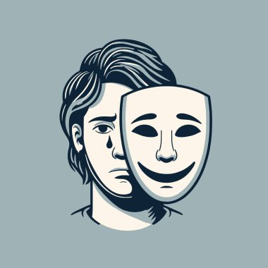 Hüzünlü bir ifade ve gözyaşı ile bir kişi yüzünde bir teatral maske tutar..