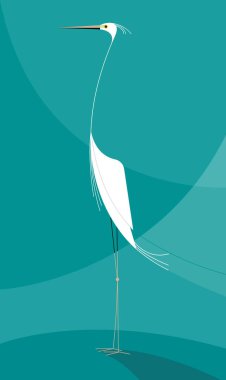 Turkuaz bir zemin üzerinde zarif balıkçıl, stilize görüntü, vektör illüstrasyonu