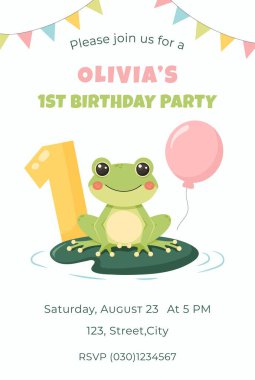 Şirin kurbağalı doğum günü partisi davetiyesi. İlk doğum günü parti vektör şablonu
