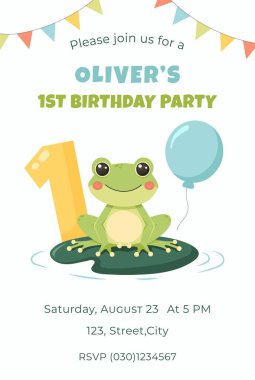 Şirin kurbağalı doğum günü partisi davetiyesi. İlk doğum günü parti vektör şablonu