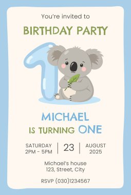 Şirin koalalı doğum günü partisi davetiyesi. İlk doğum günü parti vektör şablonu