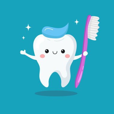 Diş fırçası olan sevimli bir diş karakteri.