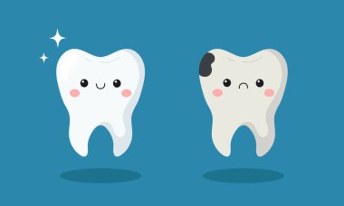 Sevimli diş karakteri, mutlu sağlıklı diş ve çürük diş.