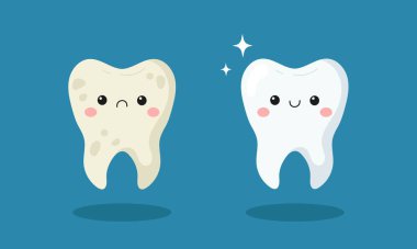 Sevimli, mutlu, temiz beyaz diş ve üzgün, kirli diş karakteri. Diş beyazlatılmadan önce ve sonra veya temizlendikten sonra. Vektör illüstrasyonu