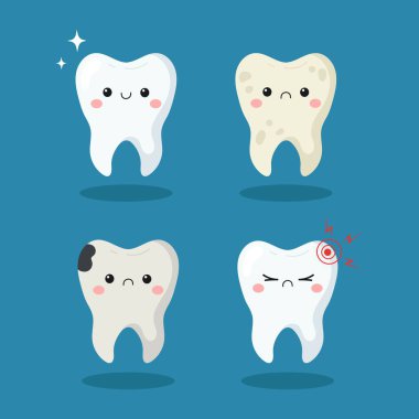 Sevimli diş karakterleri. Temiz, sarı, çürük, acılı diş. Şirin kawaii dişleri. Vektör illüstrasyonu