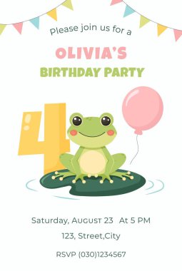 Şirin kurbağalı doğum günü partisi davetiyesi. Doğum günü partisi vektör şablonu