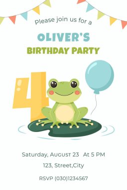 Şirin kurbağalı doğum günü partisi davetiyesi. Doğum günü partisi vektör şablonu