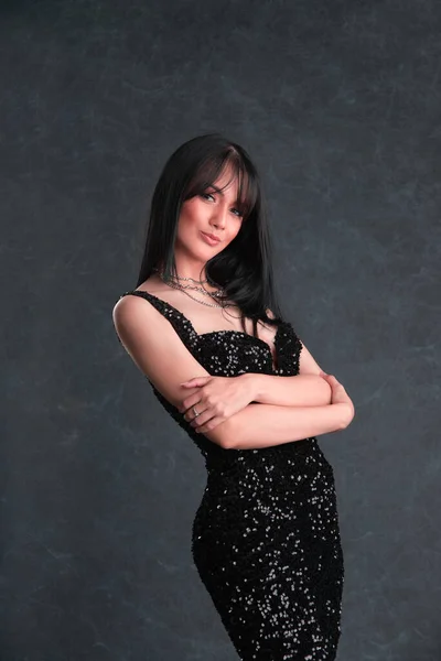 Caucasian Beauty Stuns Black Sequin Party Dress Dark Background Sleek — Stock Photo, Image