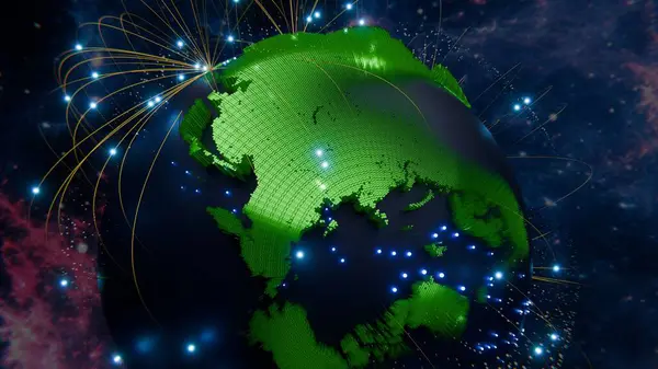 3D rendering of Earth network, connecting global business, communication, and technology across the globe. Network global business communication connection globe international cyberspace map net planet space technology transfer