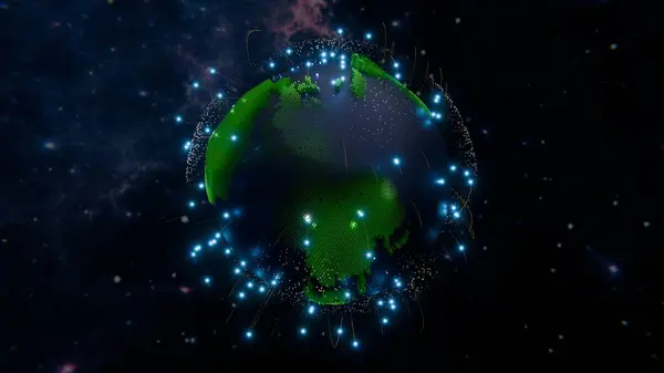 3D rendering of Earth network, connecting global business, communication, and technology across the globe. Network global business communication connection globe international cyberspace map net planet space technology transfer
