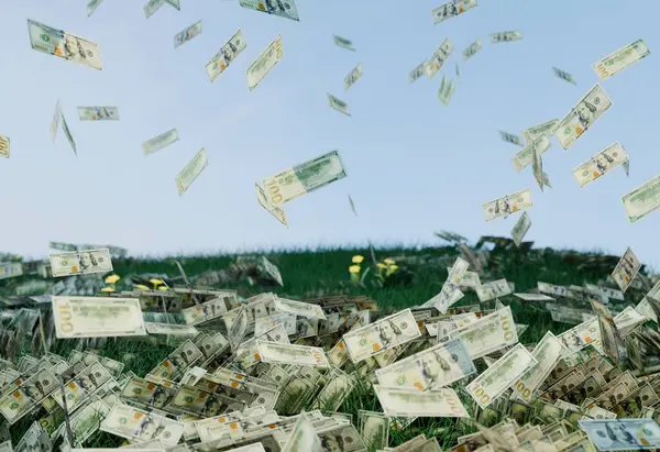 3D image render: money raining down on lush green grass under a clear sky, symbolizing financial abundance