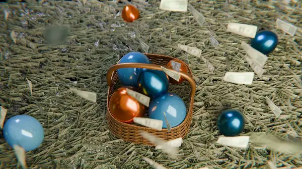 Money Raining Lush Grass Alongside Easter Basket Filled Colorful Eggs Royalty Free Stock Photos