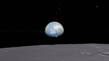 3D render of Earth rising over the moon's surface as viewed by Apollo mission clipart