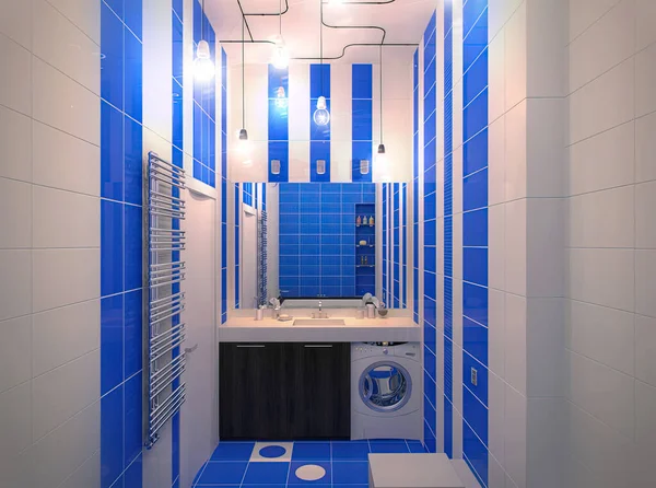 蓝色图案浴室的3D插图 现代风格的浴室室内设计 — 图库照片