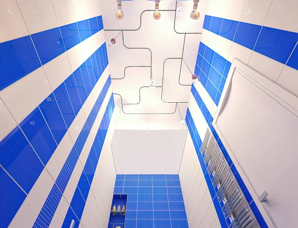 蓝色图案浴室的3D插图 现代风格的浴室室内设计 — 图库照片