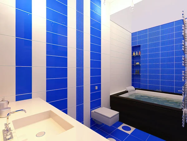 青いカラースキームのバスルームのための3Dイラスト モダンなスタイルのバスルームのインテリアデザイン — ストック写真