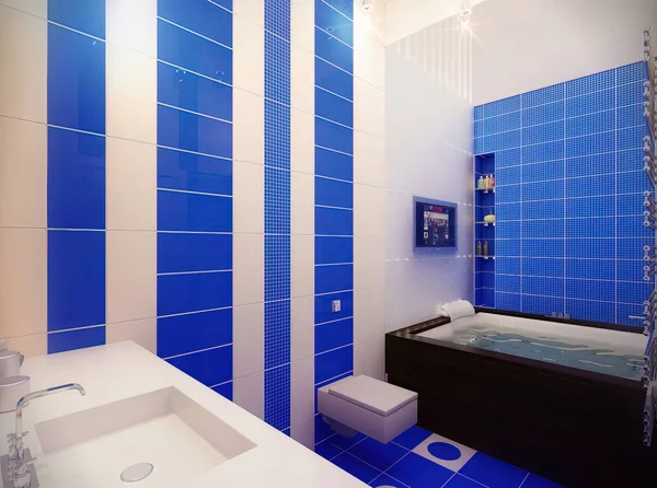 青いカラースキームのバスルームのための3Dイラスト モダンなスタイルのバスルームのインテリアデザイン — ストック写真