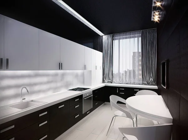 Weergave Van Een Moderne Keuken Een Stadsappartement Keuken Interieur Met — Stockfoto