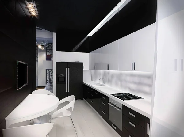 市内のアパートのモダンなキッチンの3Dレンダリング 上に黒のキャビネットと白のキャビネットとキッチンインテリアデザイン キッチンの3Dイラスト朝食エリア — ストック写真