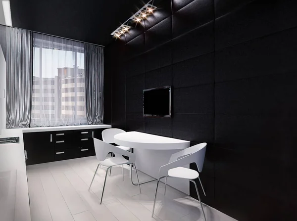Bir Apartman Dairesinde Modern Bir Mutfağın Boyutlu Görüntüsü Altında Siyah — Stok fotoğraf